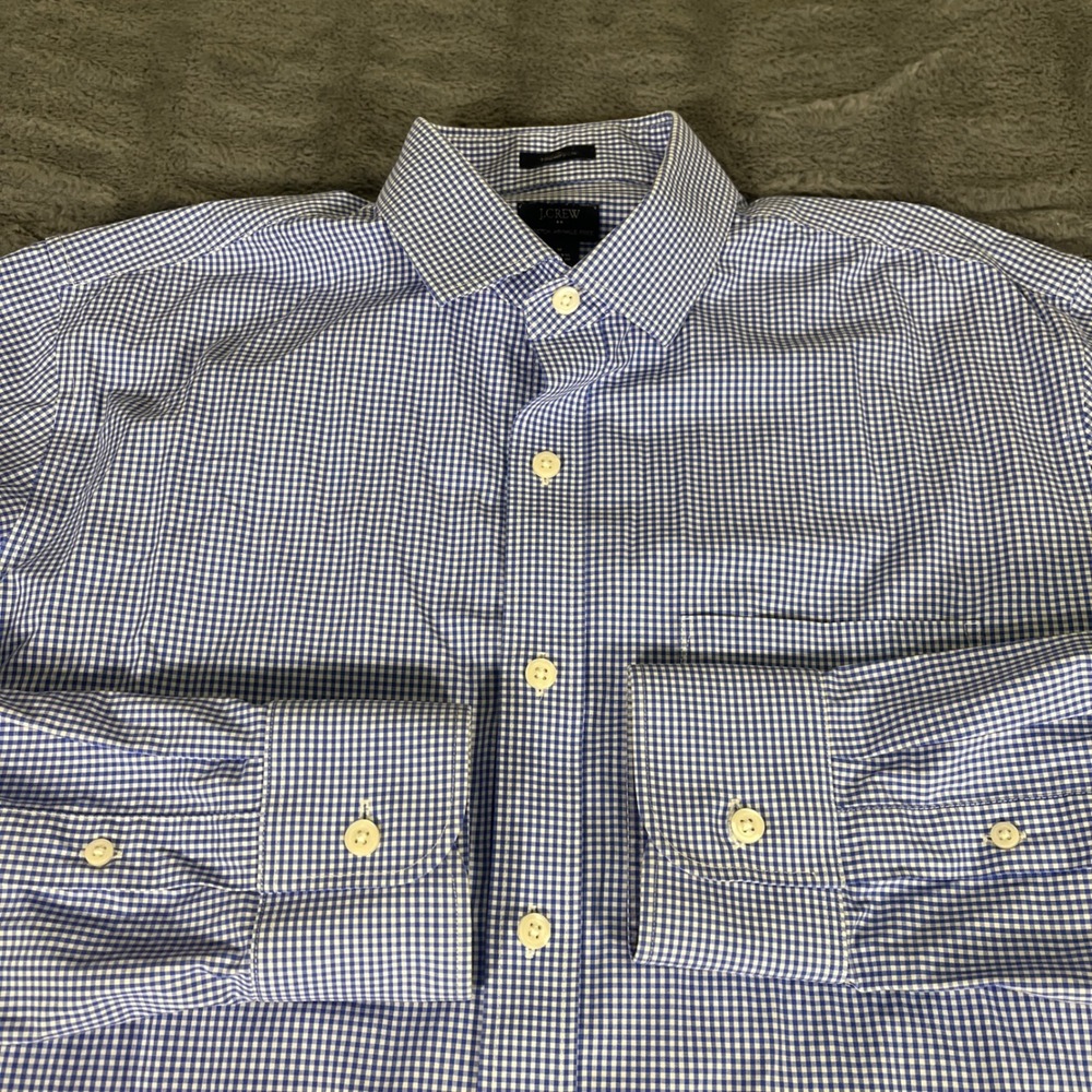 J.Crew Thompson Mens Medium Blue Gingham‎ Stretch Wrinkle Free Shirt F7633